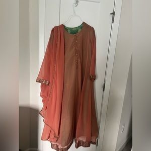 COPY - Peach Coral / Seagreen Pakistani Maxi Anarkali simple dress